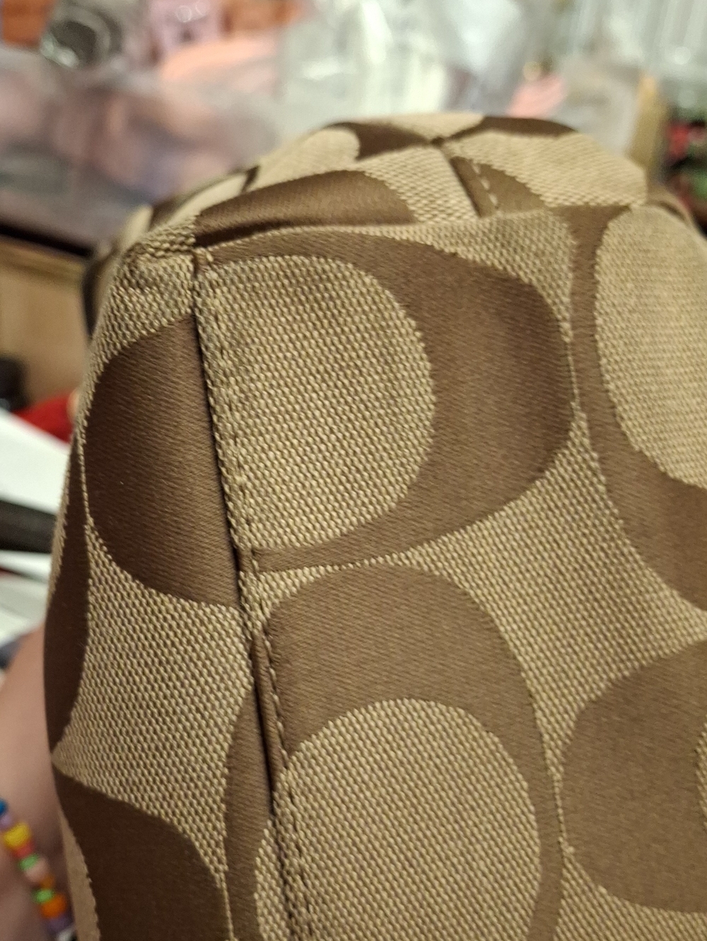 2013 Jan Coach signature-pattern canvas tote dark brown Accents Prelove Like New - Picture 7 of 16